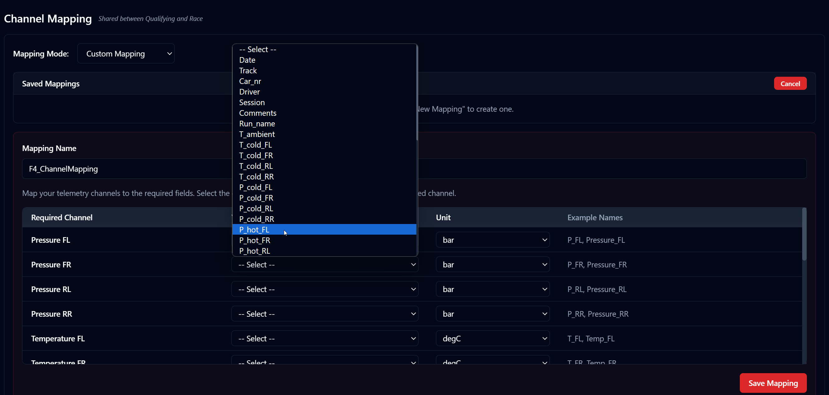 Column mapping interface for telemetry data